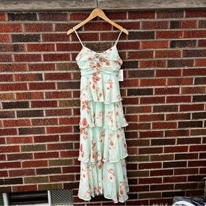 A New Day Light Green and Beige Floral Chiffon Tiered Spaghetti Strap Maxi Dress